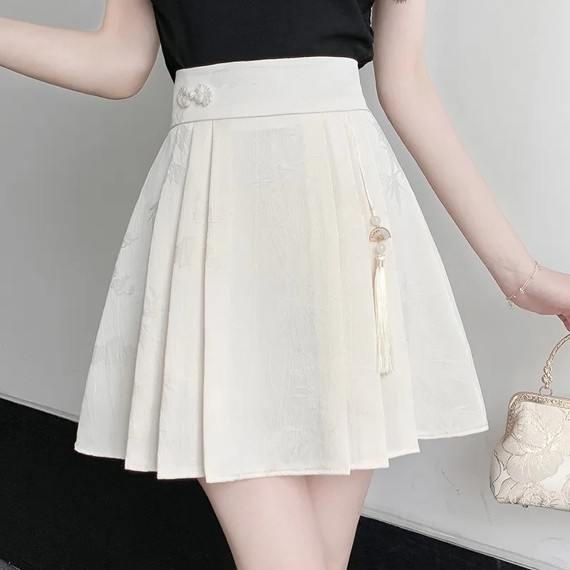 High Waist A-line Short Skirt Women New Arrival 2024 Summer Chinese Style Vintage Jacquard Ladies Elegant Pleated Skirts W1662