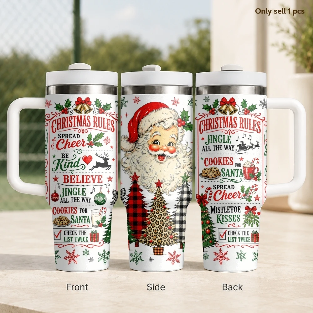 Santa Gift List Vacuum Flasks 40oz Stainless Steel Travel Tumbler with Handle Straw Lid Double Wall Vacuum Insulated