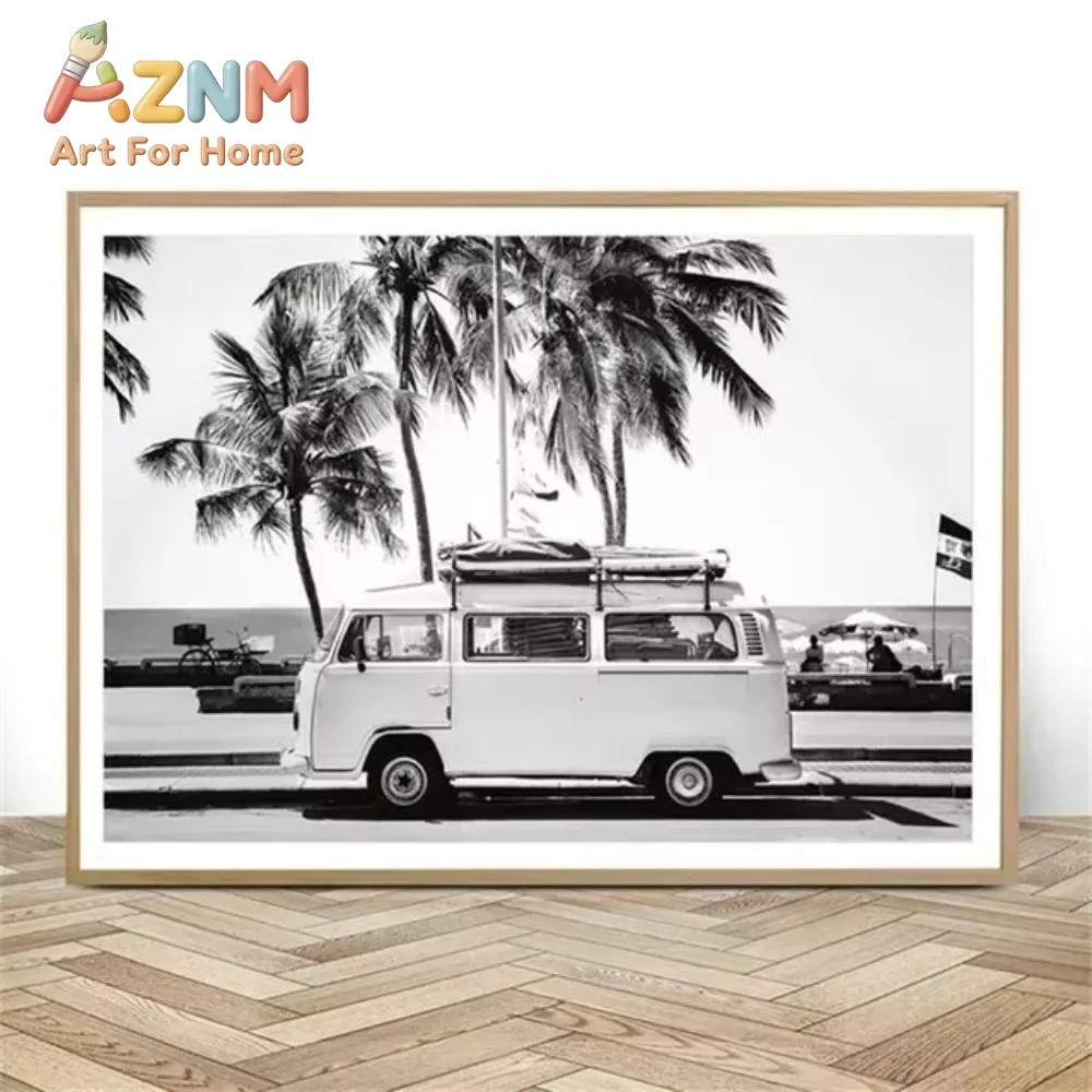 (1pc frameless)Beach Camper Van Surfing Ocean Landscape Wall Art Palm Tree Surfboard Canvas Painting Home Room Decor Poster Prin