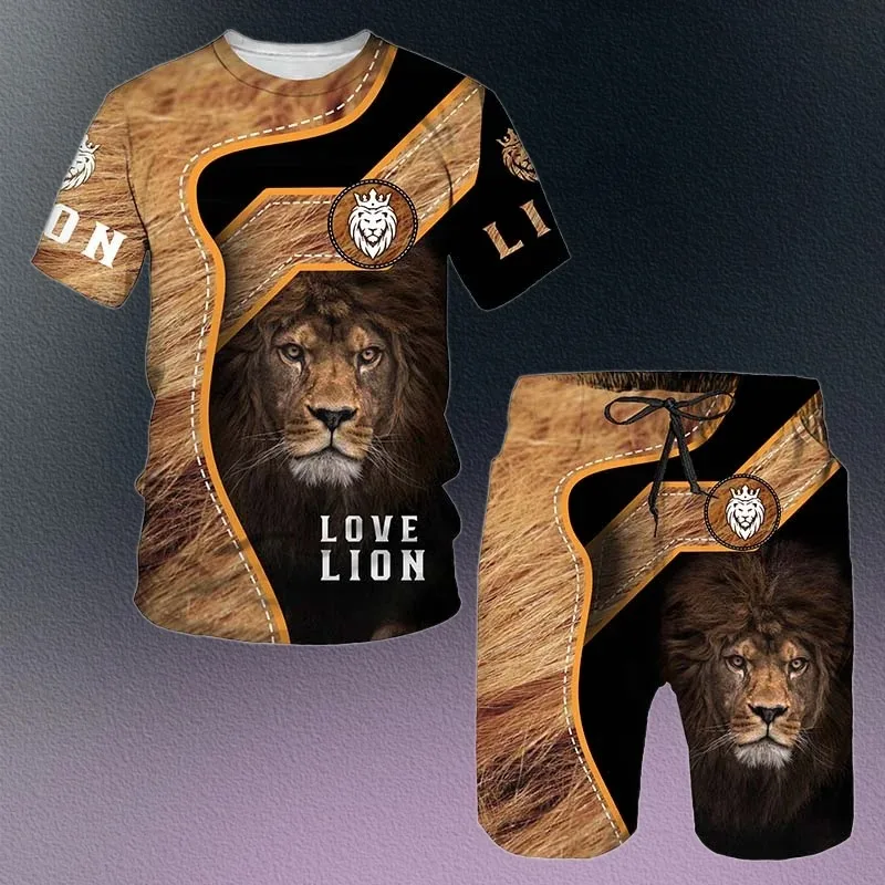 2025 Hot Selling Summer Men's 3D Tiger Pattern Round Neck T-shirt Shorts Set Fashionable Casual Wear, Street Wear Sportswear Set