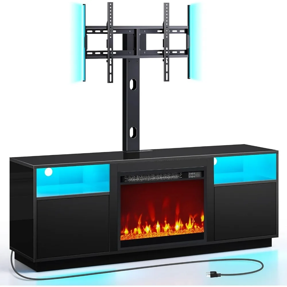 Fireplace TV Stand For 45/55/60/65 Inch, With Led Lights & Power Outlet & Electric Fireplace, Height Adjustable, Swivel TV Mount