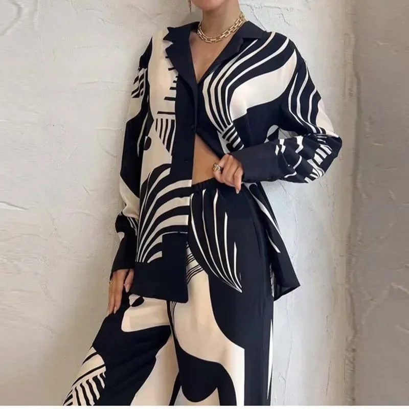 Fashion Print Shirts Tracksuit Women 2024 Summer Trendy V Neck Loose Shirt&Wide Leg Pants Sets Casual 2 Pieces Pantalon Suits