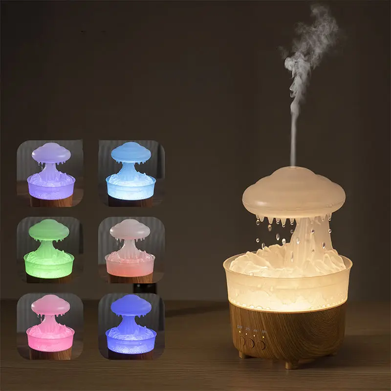 Mushroom Rain Cloud Air Humidifier Night Light Wet Dry Canister Household Raindrop Fragrance Diffuser