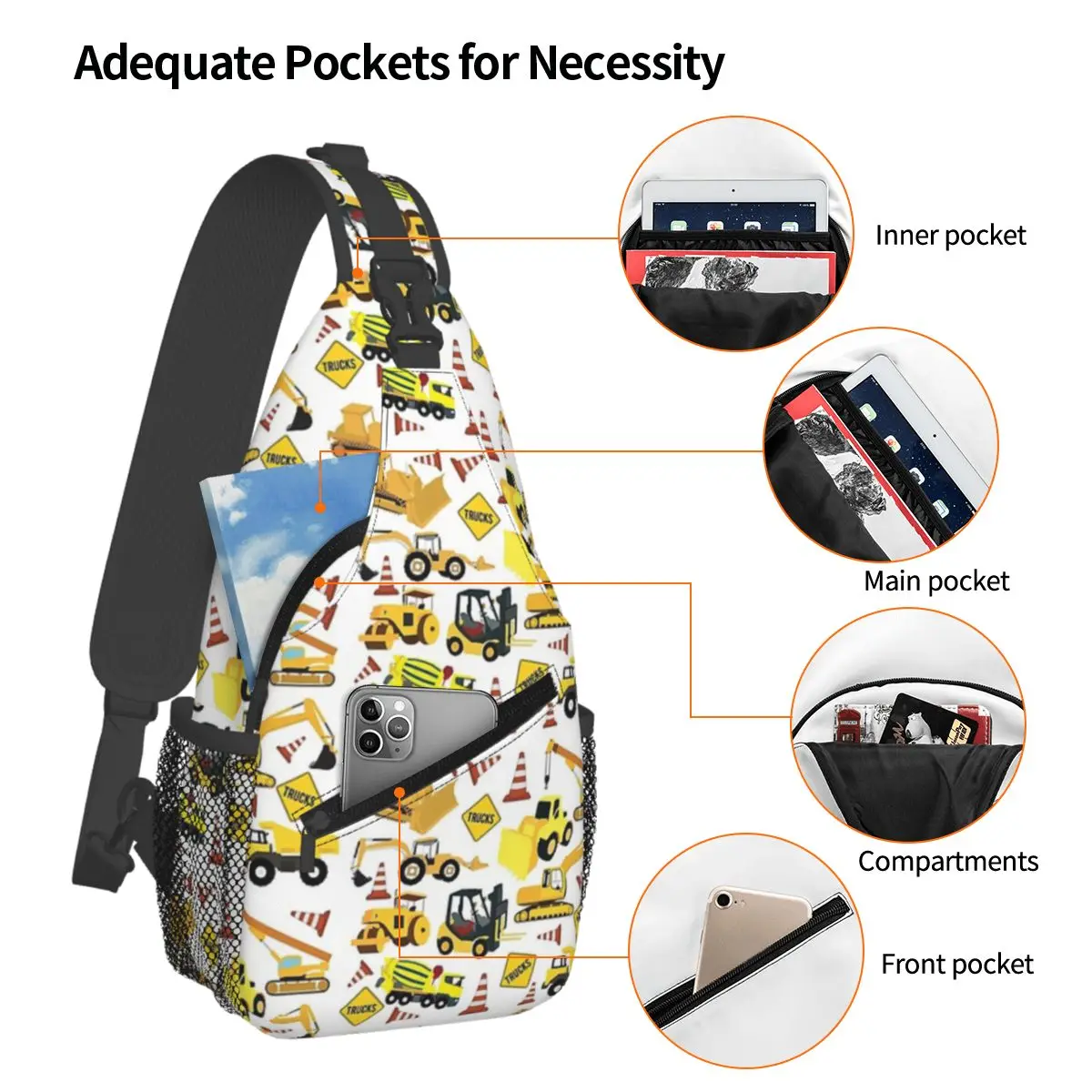 Construction Trucks Excavator, Dump Truck Chest Bag Men Sling Crossbody Backpack Chest Bag Traveling Hiking Daypack Shoulder Bag