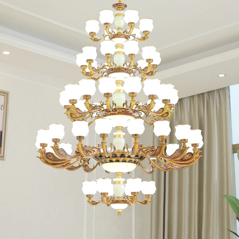 

Multi Layer Large Chandelier New Villa Hotel Lobby Imitation Jade Chandelier Lighting Luxury Banquet Hall Staircase Pendant Lamp