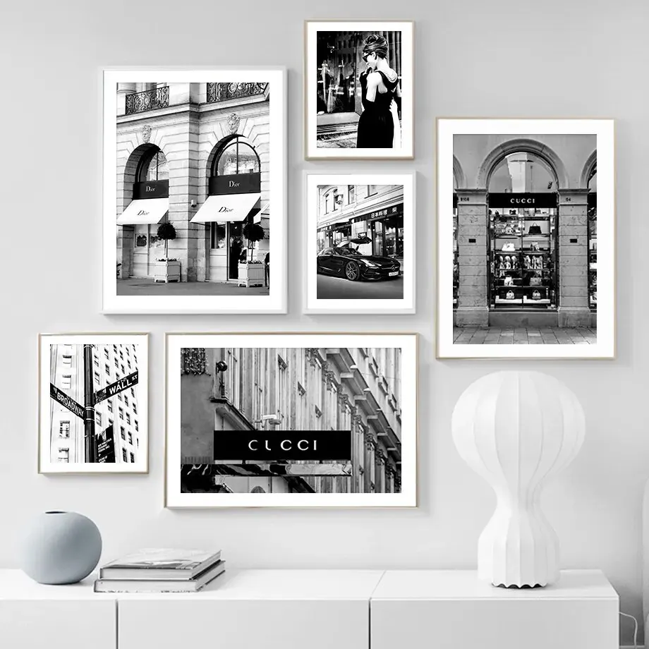 Parisian Fashion Girl Artwork Luxury Store in Black and White Nordic Style Posters and Prints Art Canvas Painting Ideal Wall