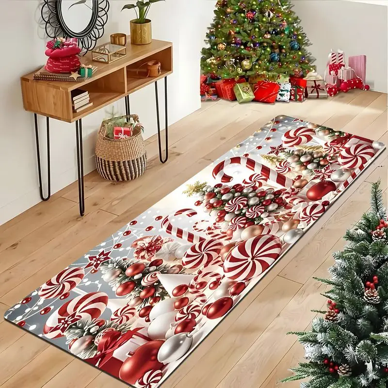 VIKAMA Vintage Christmas Runner Rug Candy Cane Peppermint Design Washable Anti Slip Mat Hallway Bedroom Farmhouse Decor