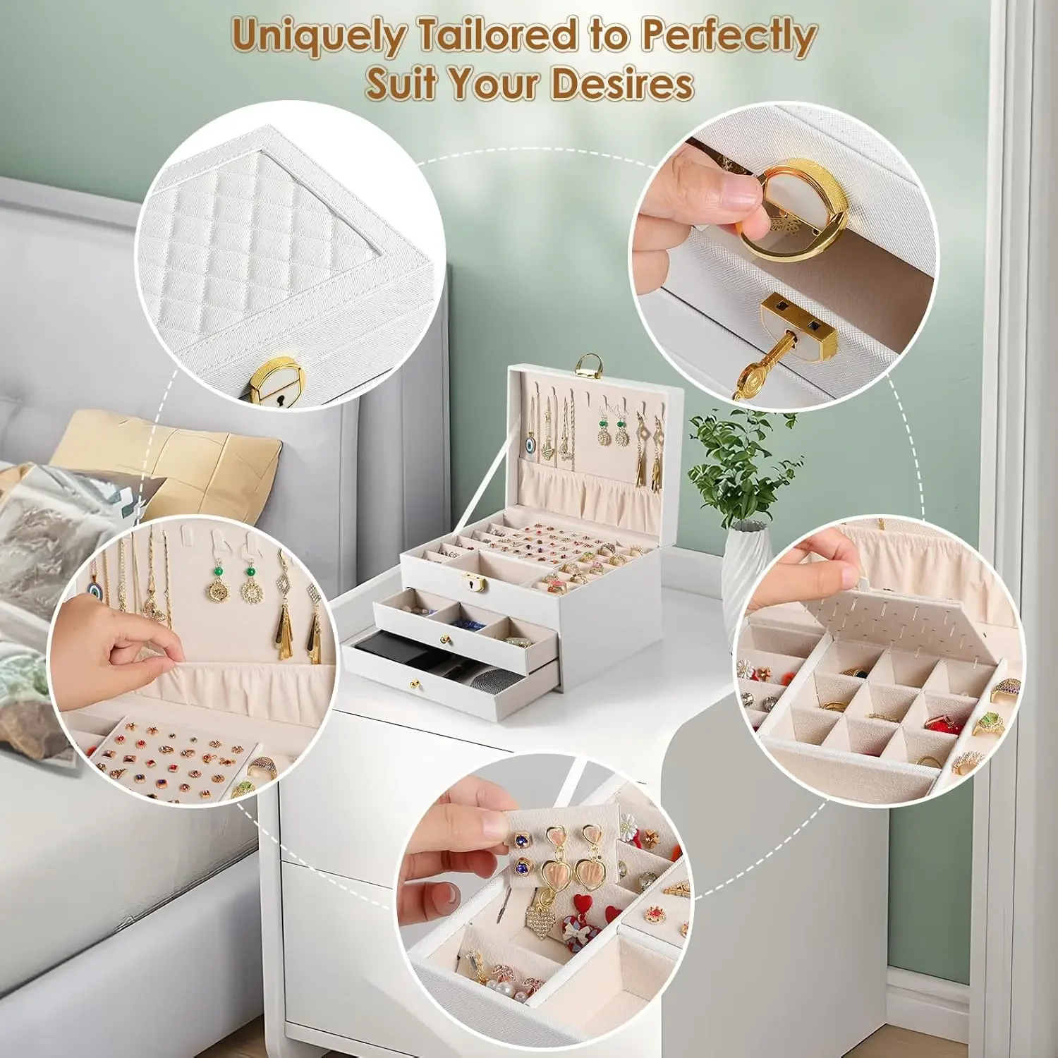 صندوق مجوهرات مكون من 3 طبقات مع درج قابل للقفل لتخزين رف المجوهرات ومنظم أقراط مخملي كبير للنساء #6