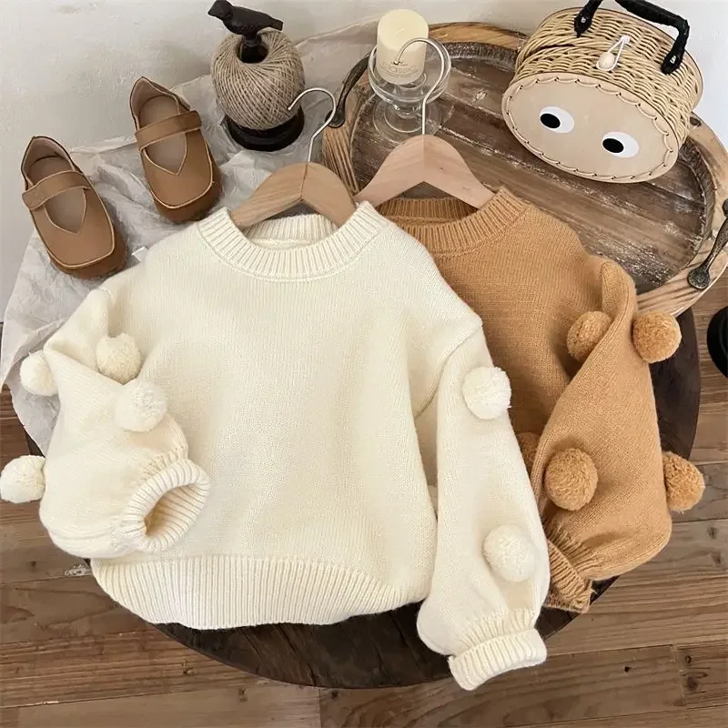 

Осенне-зимние топы, одежда, милый мяч, элегантная детская вязаная одежда принцессы на день рождения для девочек, модные вязаные свитера для девочек