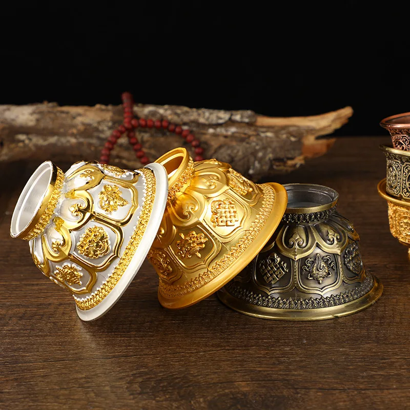 

Alloy Eight Auspicious Offering Cups Golden Bronze Gilded Inlaid Seven Gems