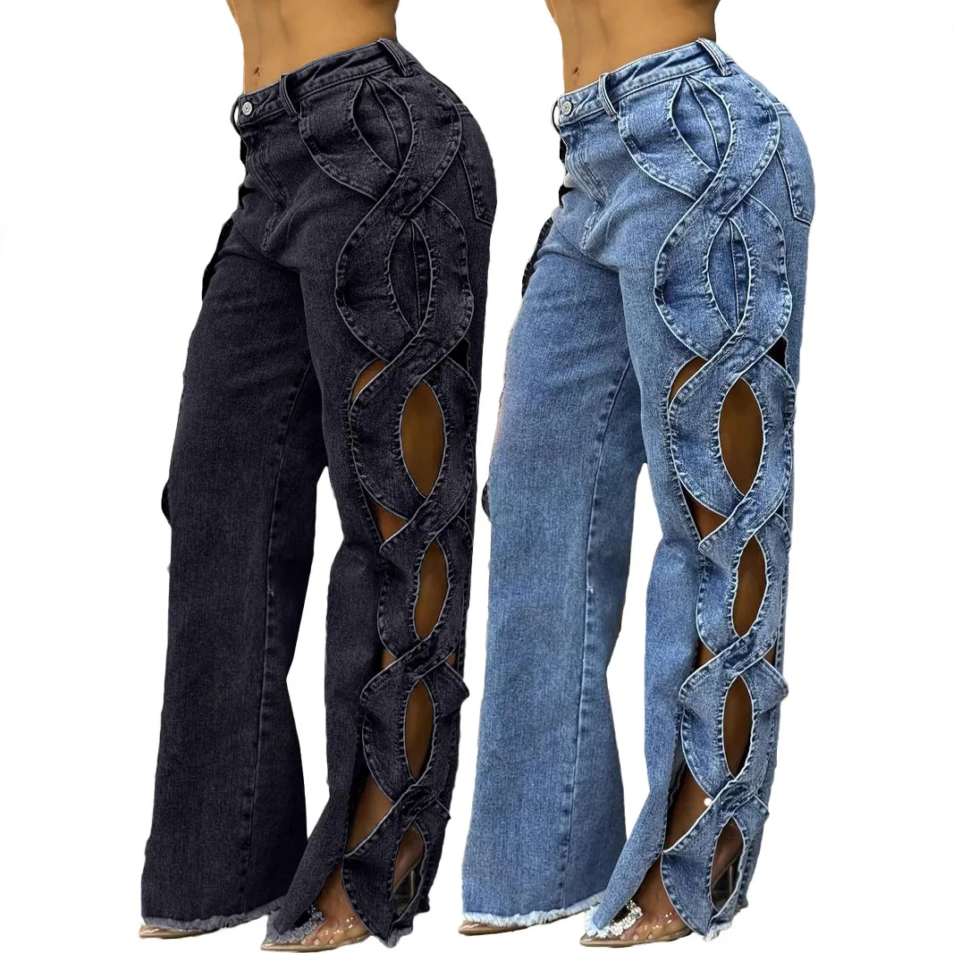 

2025 Spring and Summer Personality Side Hollow-out Design Jeans.New Fashion S-line Denim Patchwork Straight Leg Trousers Women