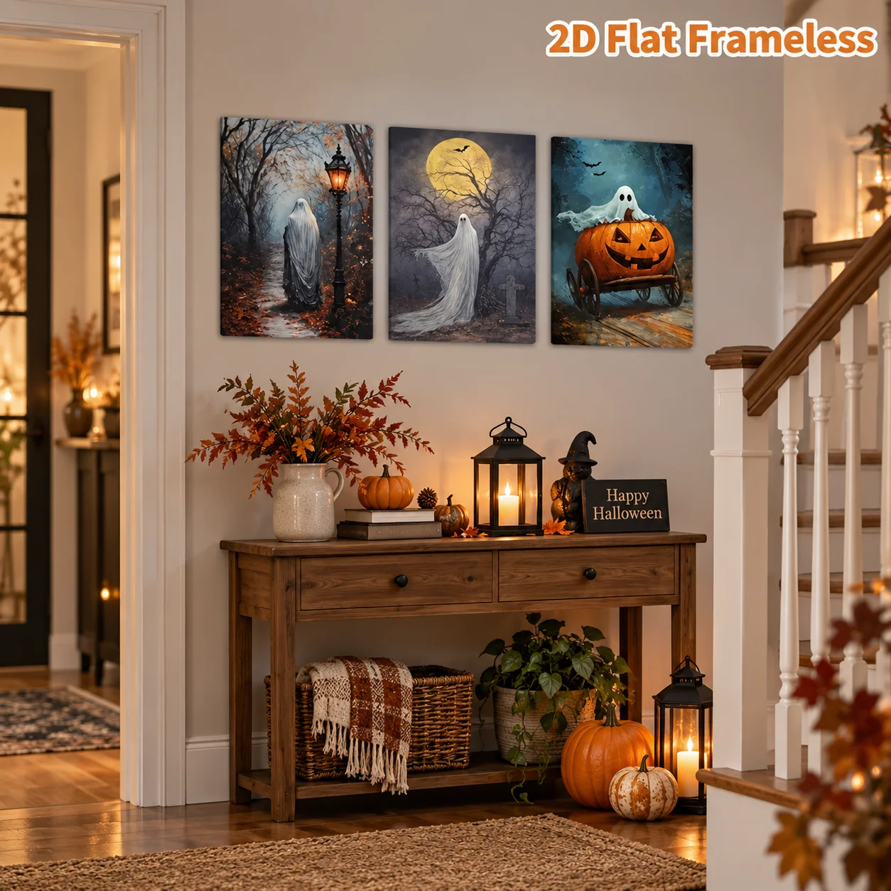Three paintings of forests surrounded by lantern paths and graveyards, suitable as gifts, bedroom, or room wall decor in 2D flat
