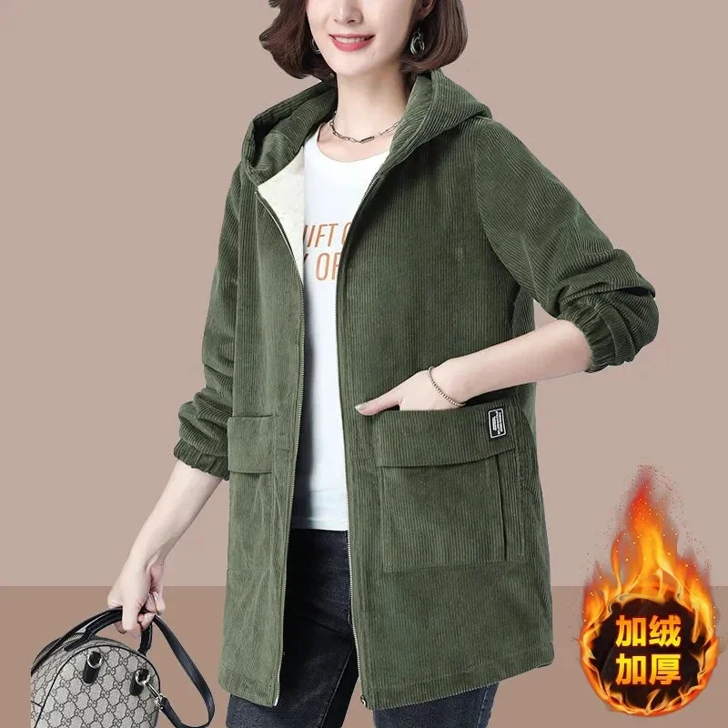 Fashion Corduroy Windbreaker Women Mid-Length 2025 Autumn Winter Velvet Thickening Loose Hooded Jacket Female Warm Coat C5
