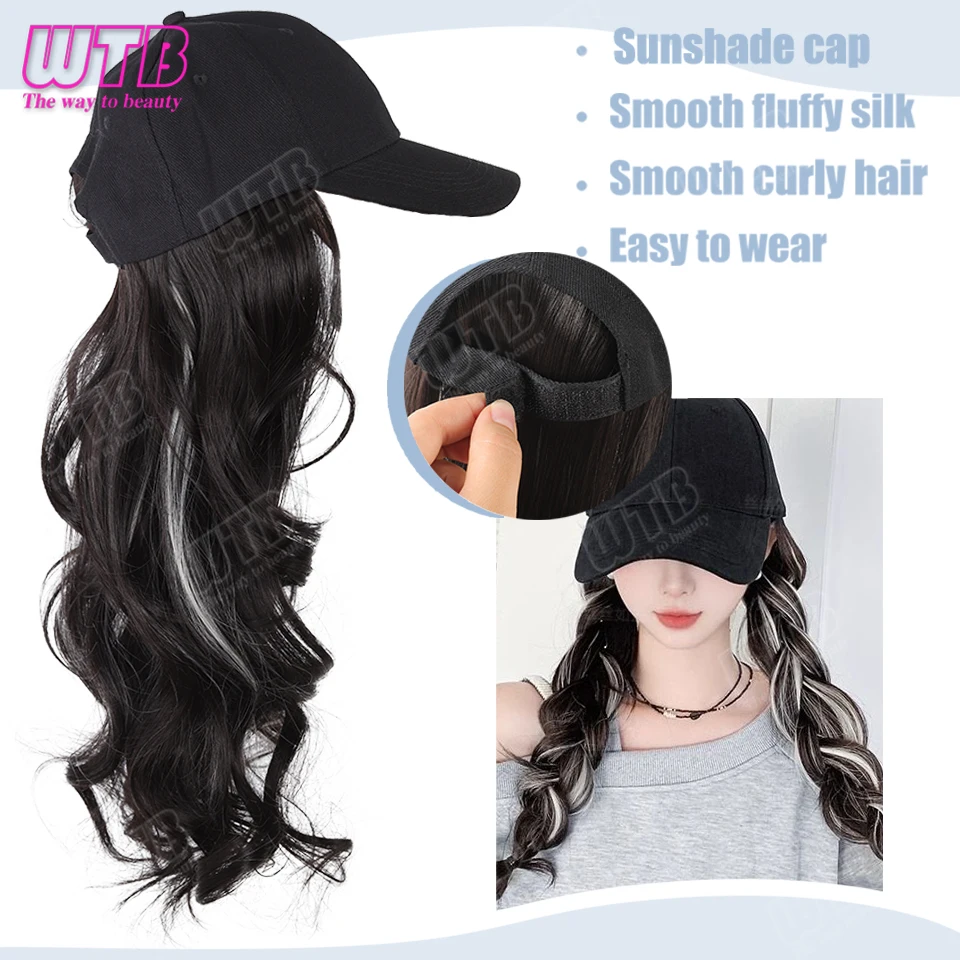 Synthetic Hat Wig for Women Black Highlights Gray Curly Hair Wig with Black Sun Cap Adjustable Size Suitable for Everyday Wear