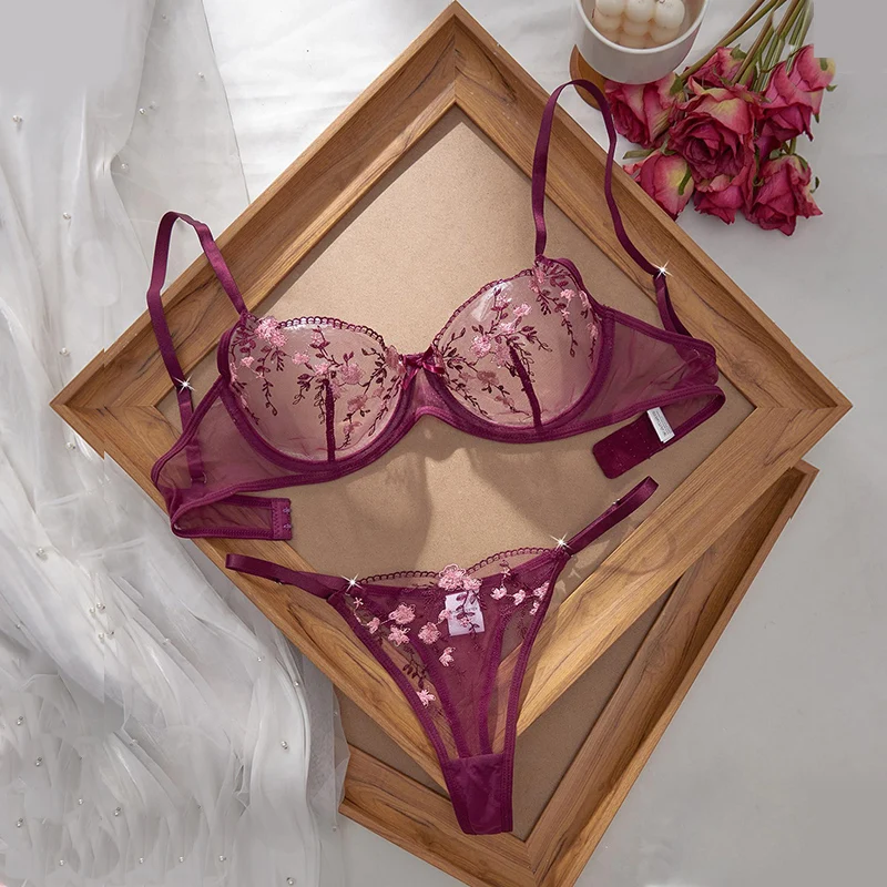 

Romantic Women's Underwear Ultra Thin Floral Embroidery Sexy Lingerie See Through Pure Desire Lingerie Set Push Up Sexy Bras