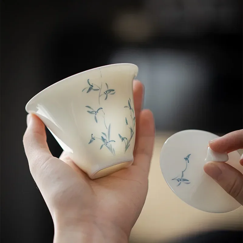 Porcelain Hand‑painted Orchid Gaiwan Cover Bowl Blue White Ceramic Tea Bowl Chinese Style Simple Kungfu Teacup Holiday Gift