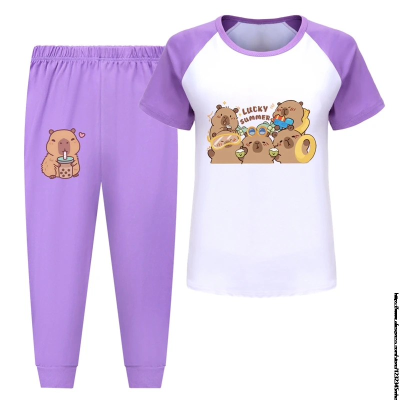 

Комплекты детской одежды с принтом капибары, комплект из 2 предметов для мальчиков и девочек, повседневная одежда с героями мультфильмов, спортивный костюм, короткая футболка + длинные штаны