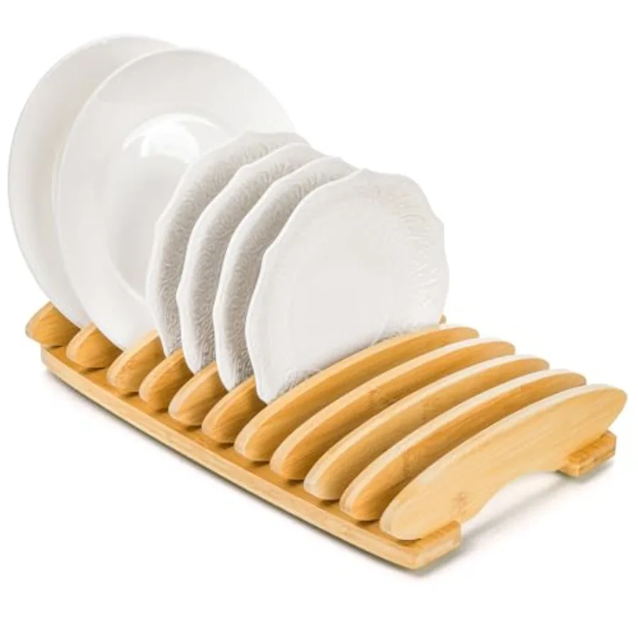 

Bamboo Dish Rack 10 Slots Wood Plates Stand Organizer for Cabinet Vertical Dishes Holder for Pot Lids Cutting Board Kitchen Sin