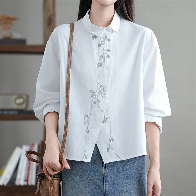 Spring Summer Shirt Jacket 2024 New Lapel Single-Breasted Women's Clothes Top Fashion Chinoiserie Embroidery Female Blouse