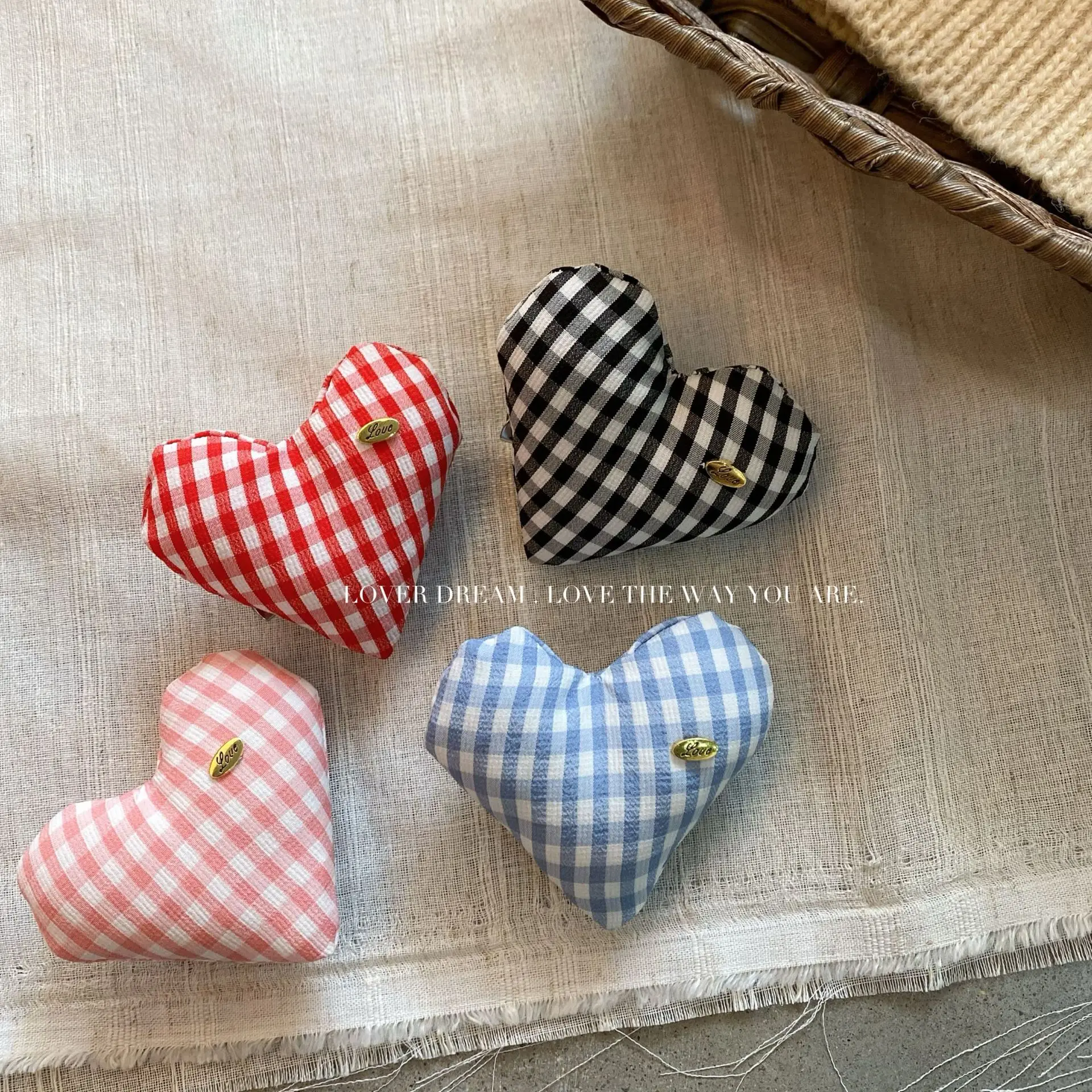 Dual Use Brooch Pin Plaid Fabric Cotton Stuffed Heart Mushroom Gold Label Cute Sweet Duckbill Clip for Women Premium Lightweight