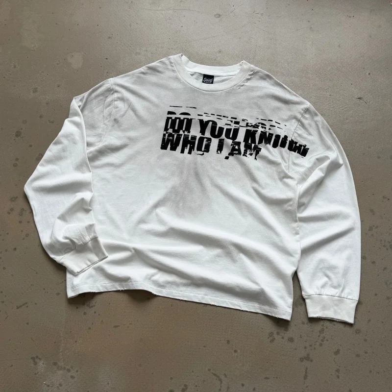 Saint DO YOU KNOW WHO I AM Round-Neck Vintage Hand-Painted Distressed Fashion Long-Sleeve T-Shirt