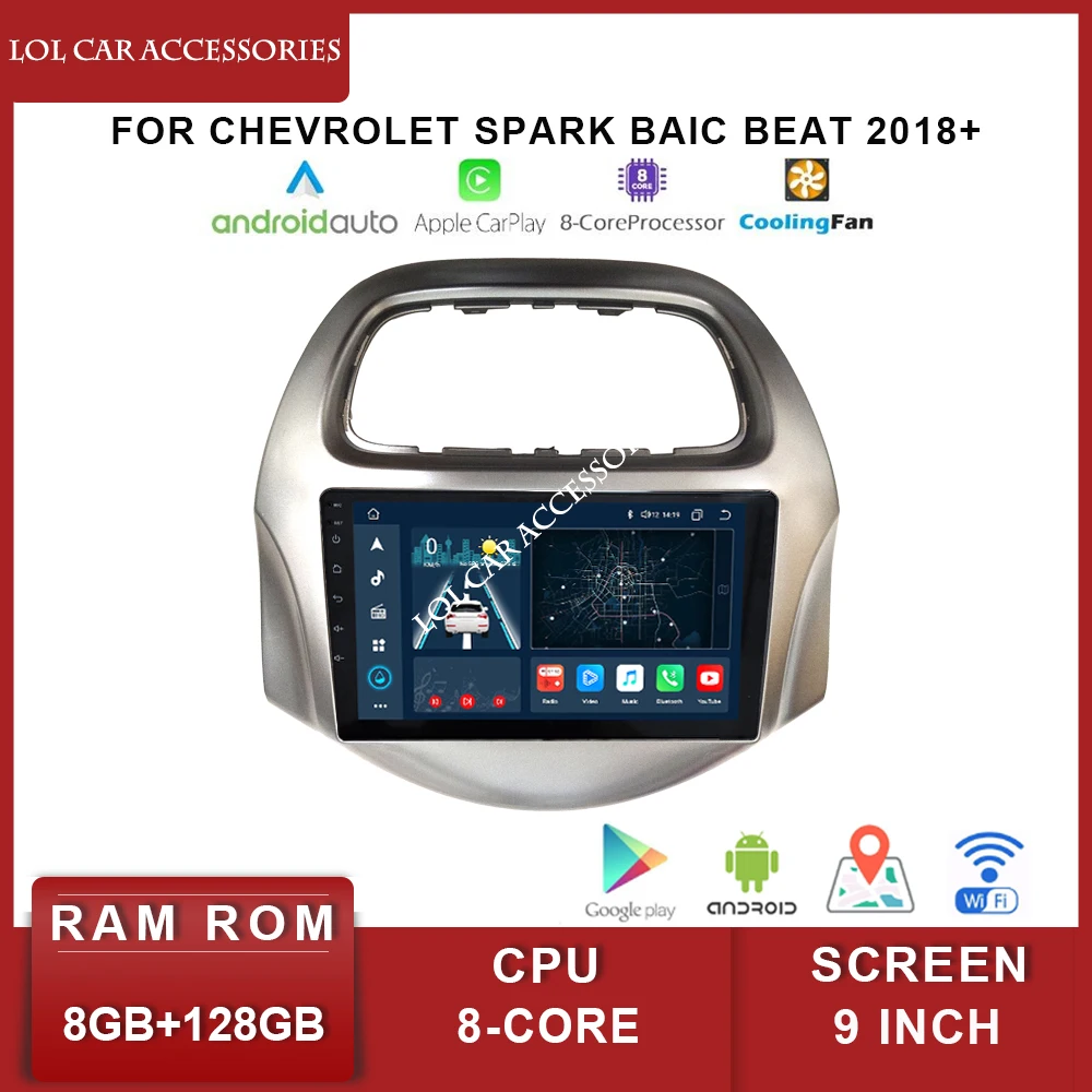 9 Inch For Chevrolet Spark Baic Beat 2018+ QLED Car Radio Stereo 8 Core Android 12 GPS MP5 2 Din Head Unit Multimedia Player