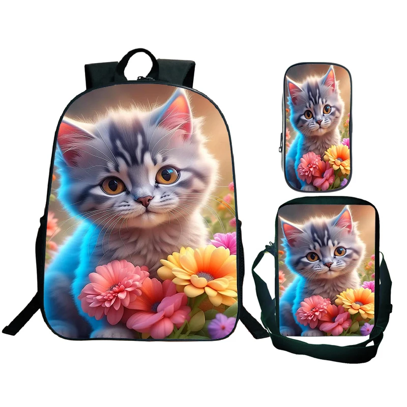 

3Pcs Nylon Backpack with Colorful Cats Printing Cartoon School Bag Kawaii Kids Bags for Boys Girls Large Capacity Laptop Daypack