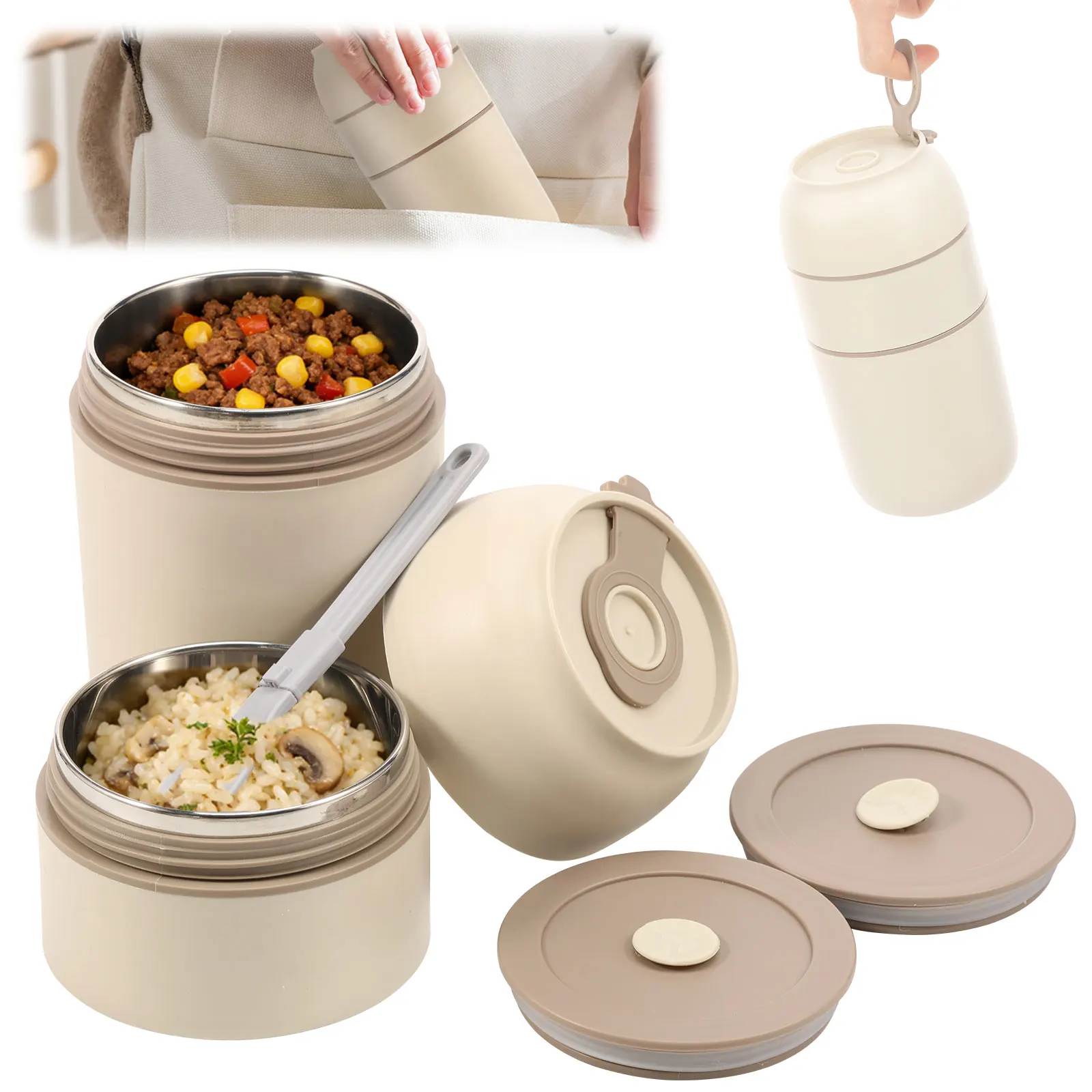 Thermal Food Container 780 ml Foldable Stainless Steel Cutlery for Children Adults Leak Proof Double Chamber System Lunch Box