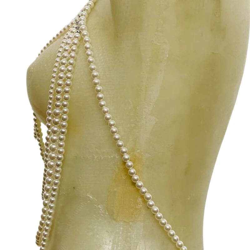 Mehrschichtiges Perlen-Neckholder-Bodychain-Top, weiß, mit Kunstperlen, Brustgurt, Hochzeits-Bodyschmuck, Abend-Rave-Crop-Top – Detail 8