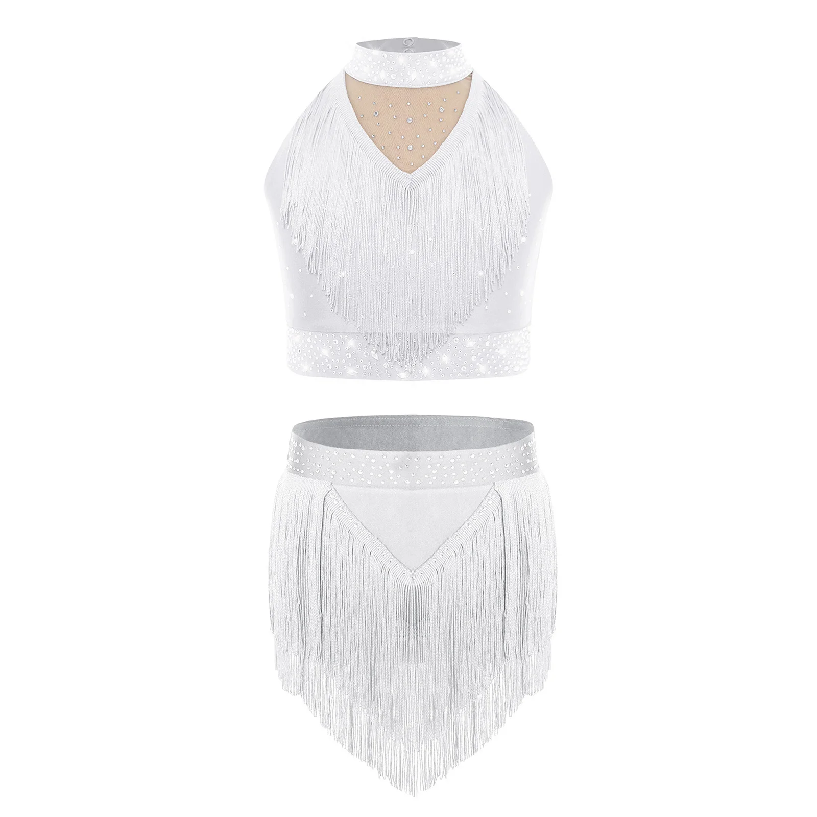 

Children Girls Latin Dance Outfit Stag Performance Costume Sleeveless Fringe Sparkly Rhinestones Dance Vest with Tassels Skirt
