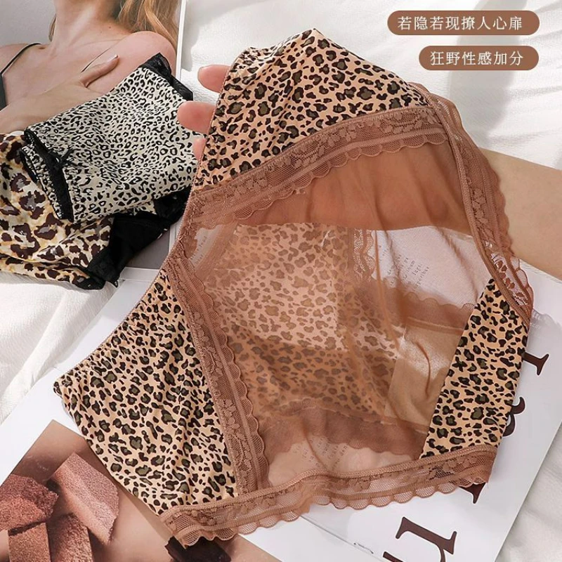 Ice silk sexy leopard print women's underwear transparent hot high waist cotton crotch seamless bow cutout underwear women 2024