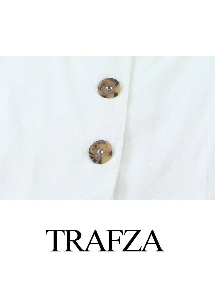 TRAFZA-Top de manga folhada de peito único feminino, camisa monocromática, manga curta, gola V, elegante, rua alta, moda verão