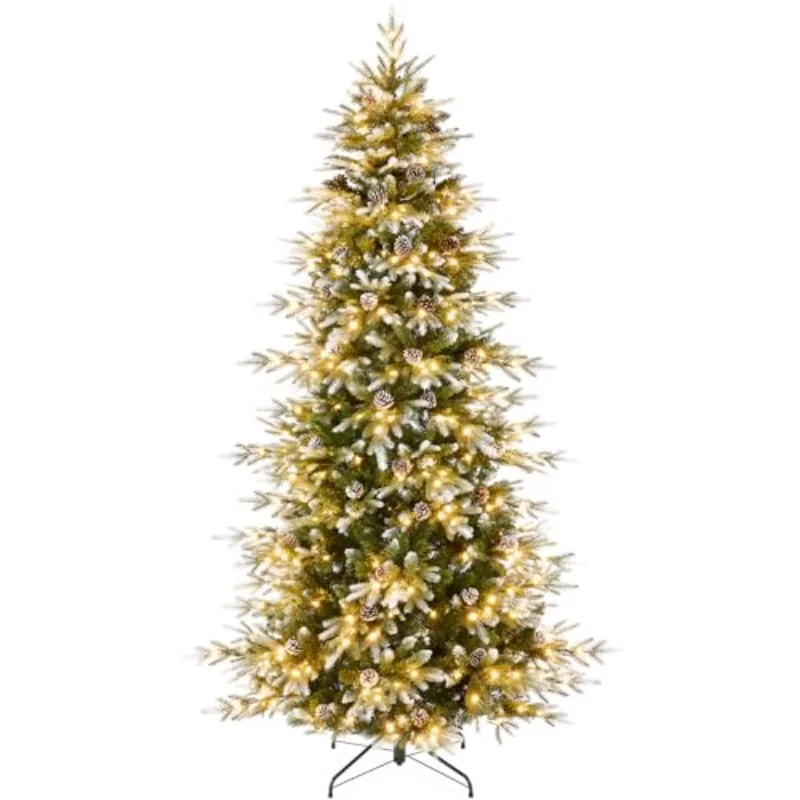 9ft Pre-Lit Artificial Frosted Slim Aspen Christmas Tree, Partially Flocked Holiday Décor w/ 2-in-1 White & Multicolor