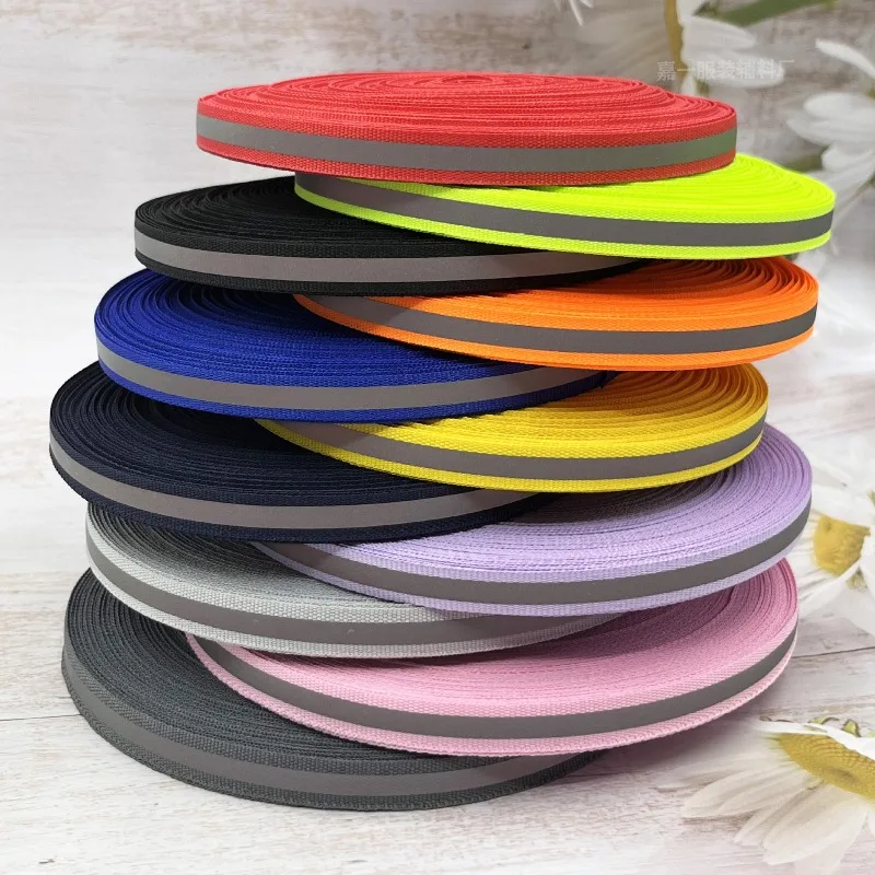50Yards 10mm Reflective Nylon Webbing Strap Clothes Bags Decor Ribbon Band Pet Leash Safety Warning Tape DIY Sewing Accessories