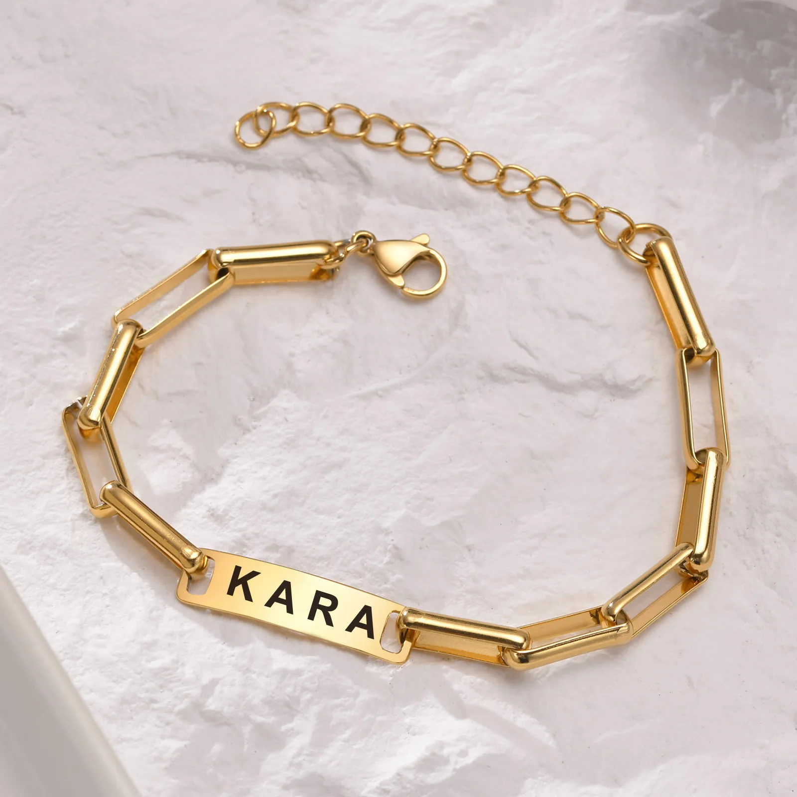 

Custom Bar Bracelet, Paperclip Chain Link, Personalized Name Qutop Stainless Steel ID Jewelry