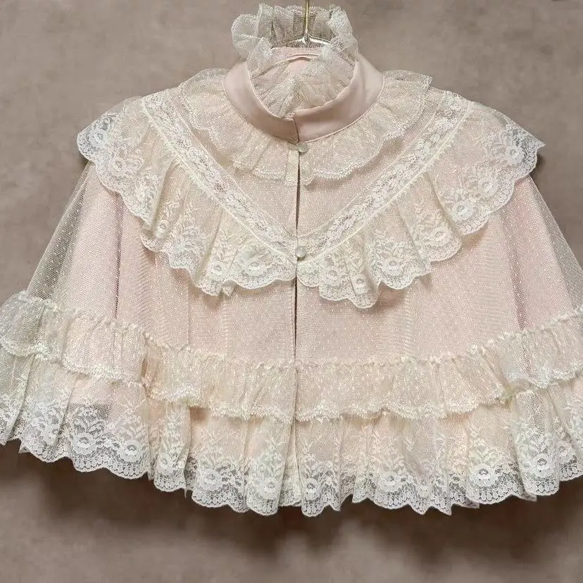Retro Harajuku Lolita cloak Blouse Women Y2K Solid Color Lace Shirt Cute Bow Japanese Style Daily Streetwear