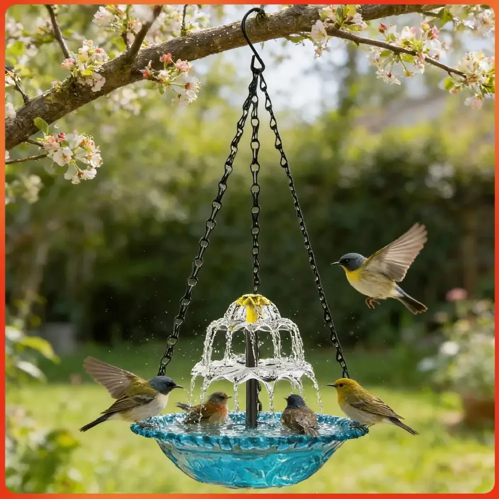 Hanging Bird Bath with Fountain Bird Feeder Outdoor Drinking Tray with Hook Garden Water Bowl