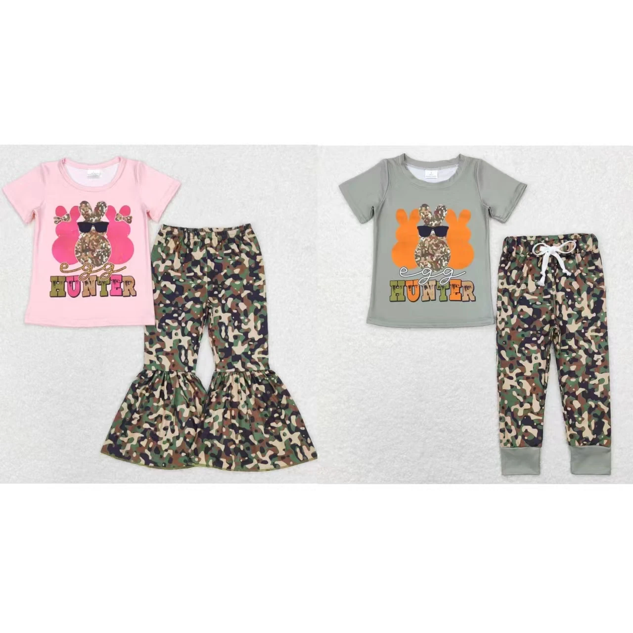 

Wholesale Matching Baby Boy Girl Easter Sets Children Short Sleeves Rabbit T-shirt Tee Camo Pants Infant Outfit Clothing