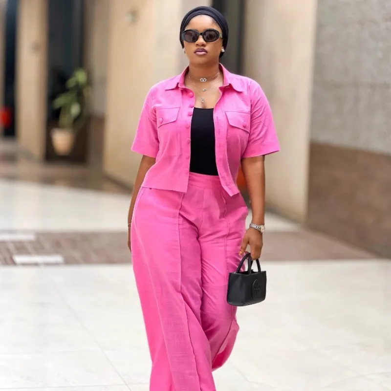 African Plus Size Women's Pants Two Piece Set Elegant Short Sleeve Shirt Top Wide Leg Trousers Set Loose Summer Outfits