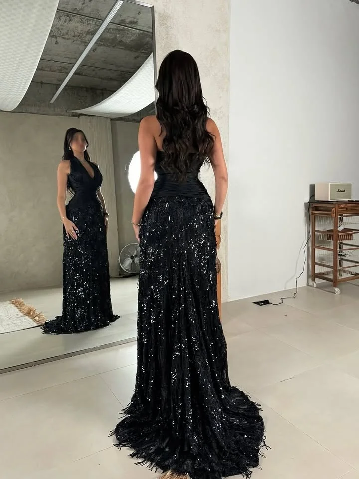 Dubajskie Skromne Eleganckie Vintage Sukienki na Zamówienie na Formalne Okazje Czarne Sukienki na Bal Studniówkowy z Dekoltem typu Halter Suknie Wieczorowe na Przyjęcia فستان مناسبات