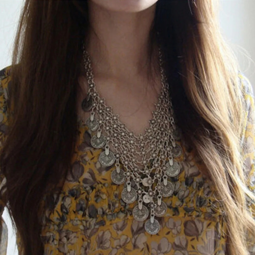 

Bohemian Coin Pendant Weave Ethnic Triangle Bib Necklace For Women Vintage Gypsy Tribal Beach Collar Afghan Statement Jewelry