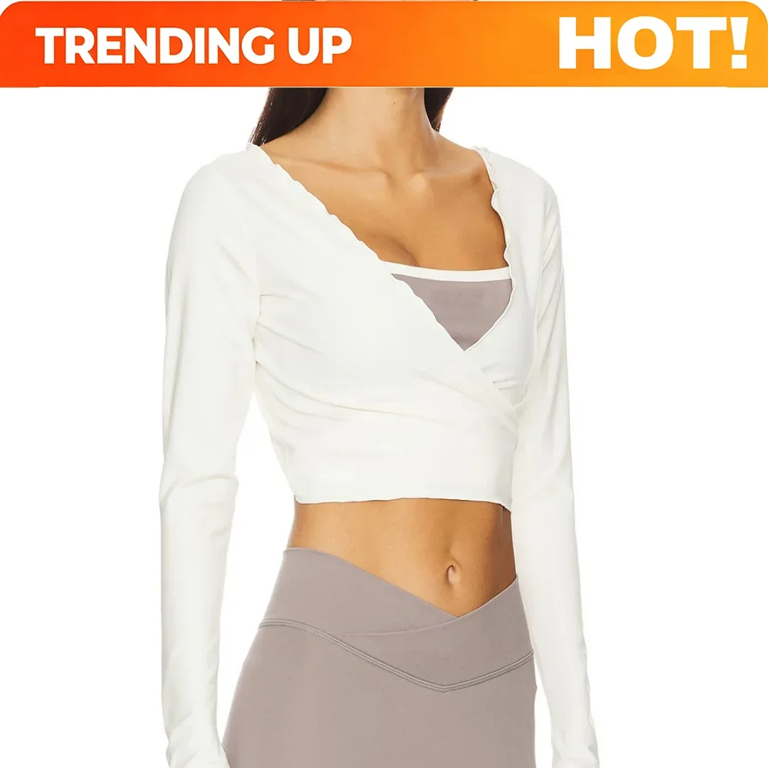 Customization Women Crop Top Long Sleeve Slim Fit Soft Comfy Fashion Tops Front Cross Wrap Design Yoga Shirts Daily Street