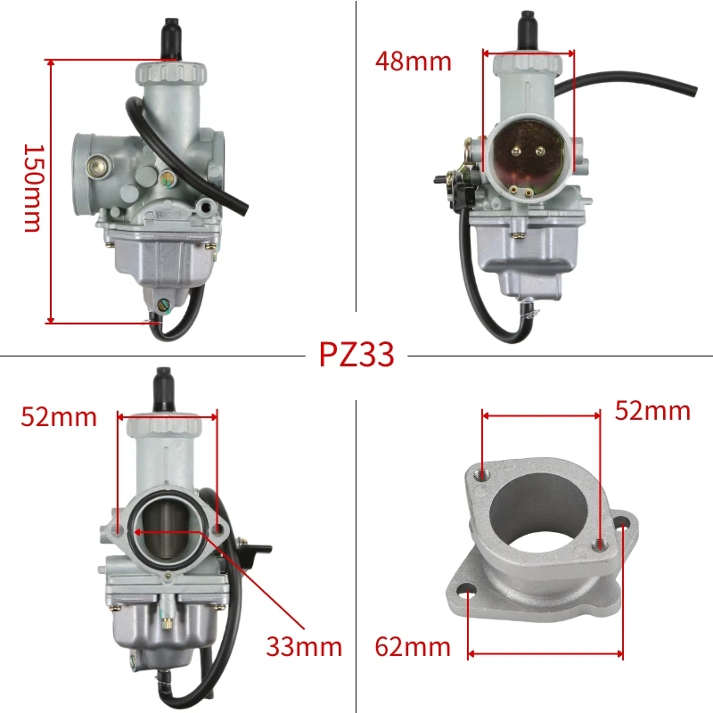 33mm PZ33 Motorcycle Carburetor With Intake Manifold For CG TMX 250cc 300cc 350cc 400cc QUAD Off-Road ATV Cg 200-250cc Carb