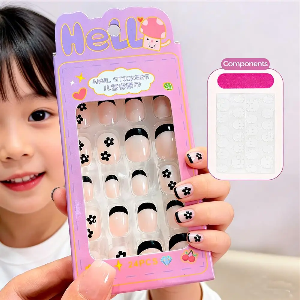 24Pcs/Box Cartoon Kids Press On Nails Black Flower French Tips False Nails Full Cover Fake Nails for Children Daily Holiday Wear