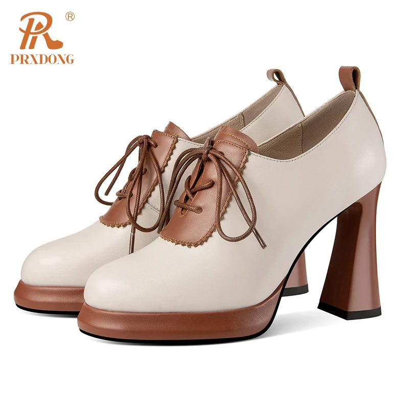 PRXDONG New Brand Retor Genuine Leather Women Pumps High Heels Platform Black Brown Dress Party Female Shoes Spring Autumn 34-39