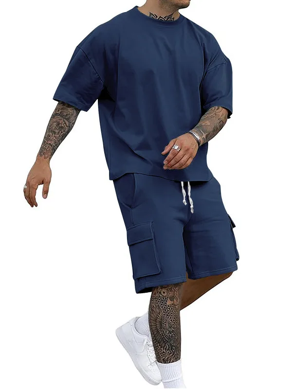 

Fashionable Casual Workwear Short Set Short Sleeve T-Shirt Cargo Shorts Youth Polyester Blend Spring Summer Outfit