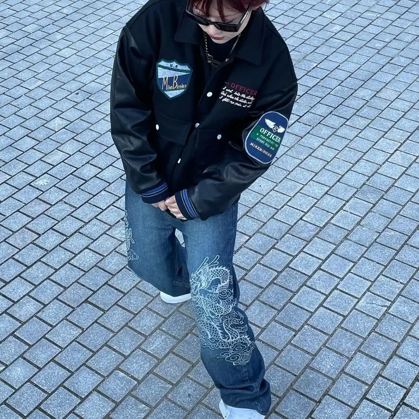 American niche original new trousers embroidered dragon pattern jeans loose Korean style casual college style retro y2k pants