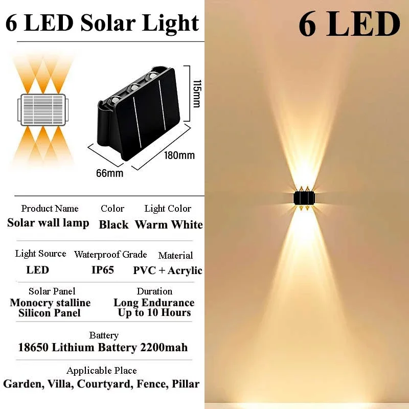 Lampada da parete solare luce calda per esterni impermeabile su e giù illuminazione luminosa balcone cortile decorazione del giardino luci parete