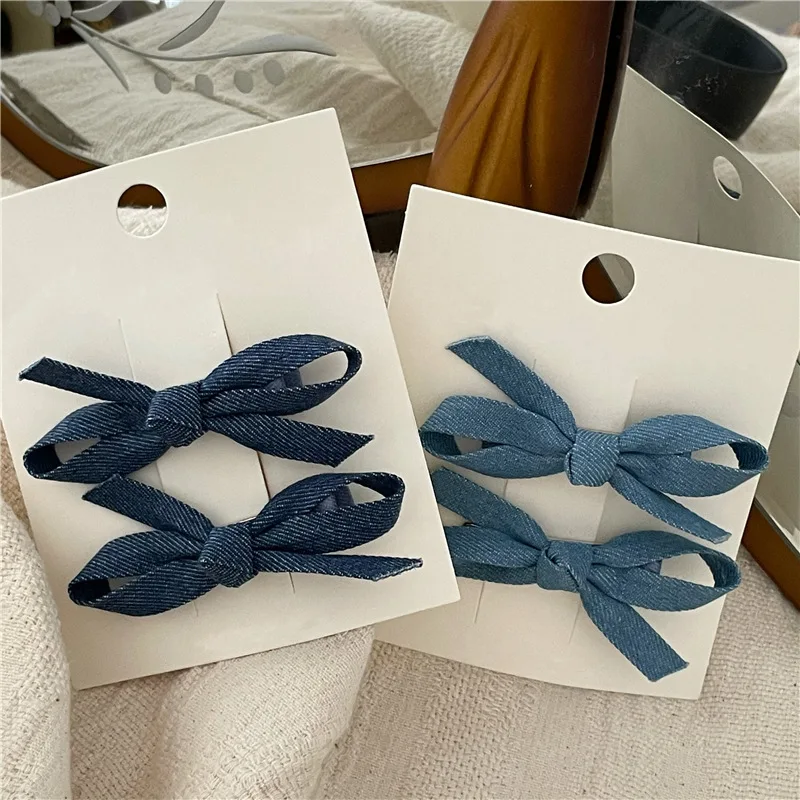 Fashion Personality Denim Blue Fabric Bow Barrettes a Pair of Hairclips Side Shredded Hair Bangs Clip Duckbill Clip New