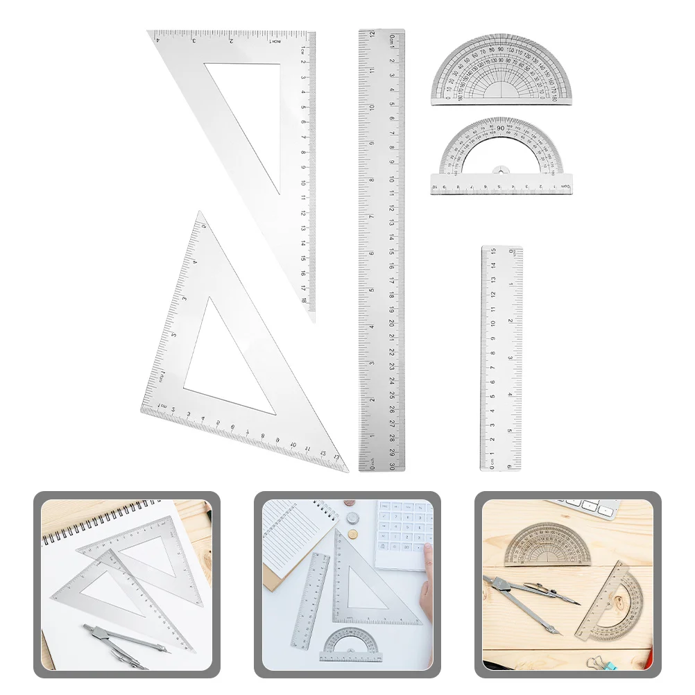 

6Pcs Geometry Ruler Set Transparent Protractor and Triangle Rulers for Classroom Engineering Drafting Tool Student Measuring Kit